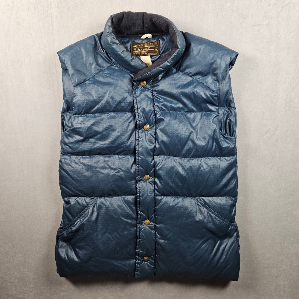 Vintage Eddie Bauer Goose Down Puffer Vest Mens Small Blue Full Zip Pockets 80s